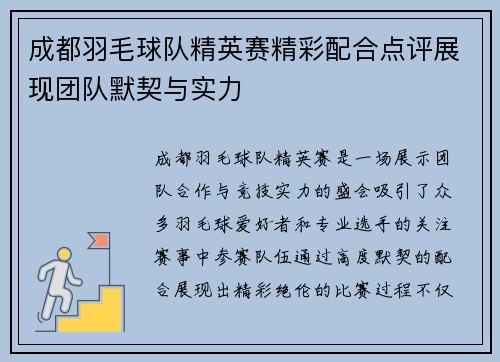 成都羽毛球队精英赛精彩配合点评展现团队默契与实力